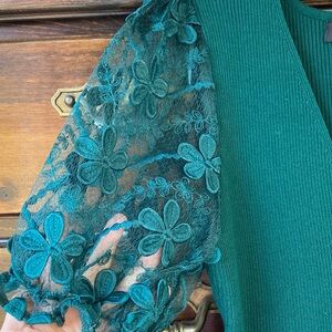 Floral Appliqué Puff Sleeves, Wide Peplum, Faux Wrap Sweater, Ribbed Knit